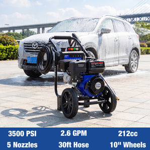 BILT HARD 3500 PSI 2.6 GPM Gas Pressure Washer, 224cc 4-Cycle Engine, Heavy Duty Gas Power Pressure Washer with Spray Gun and Wand, 5 Quick Connect Nozzle Tips, 3/5"×30' Steel Braided Hose