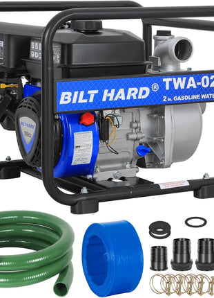 BILT HARD Semi Trash Pump 2 inch, 158 GPM 6.5HP Gas Powered Water Pump, 196cc 4-Cycle Engine with 50 ft Discharge Hose, 12 ft Suction Hose and Complete Fittings, EPA Certified