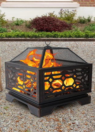 Hykolity 26 Inch Outdoor Fire Pit Square Extra Deep Wood Burning Firepits Large Bonfire with Cooking Grate & Poker for Outside, Patio, Backyard