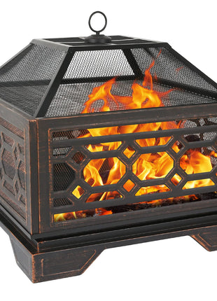 Hykolity 26 Inch Outdoor Fire Pit Square Extra Deep Wood Burning Firepits Large Bonfire with Cooking Grate & Poker for Outside, Patio, Backyard