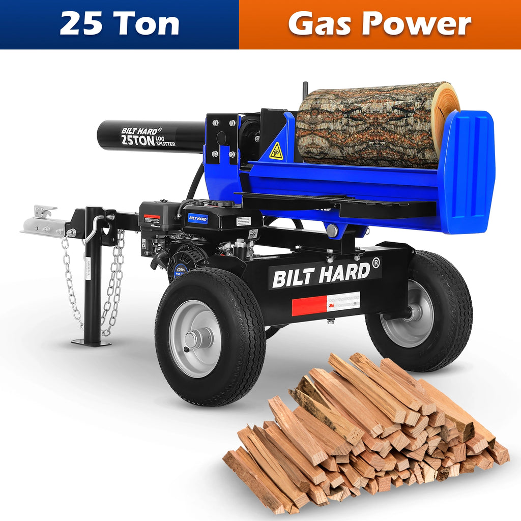 BILT HARD 25-Ton Horizontal/Vertical Log Splitter, Gas Wood Splitter with 209cc OHV Engine, 2" Ball Coupler, 16" DOT Tires, 2 Stage Gear Pump, Hydraulic Log Splitter, Firewood Splitting Machine