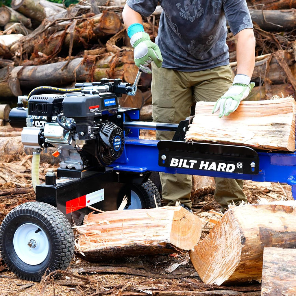 BILT HARD 20-Ton Gas Log Splitter, Hydraulic Wood Splitter with 7 HP 209cc OHV Engine, Towable Hitch, 13" Pneumatic Tires, 2 Stage Gear Pump, Steel Wedge, Firewood Splitting Machine - bilthard