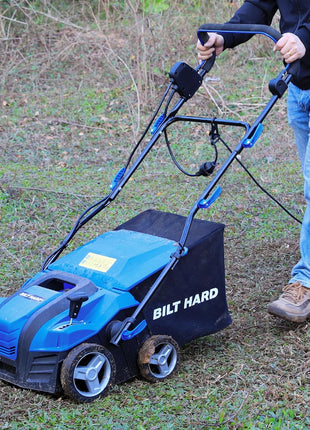 16-Inch Electric-Powered Dethatcher Scarifier with 15 Amp Copper Motor, 5-Position Depth Adjustment, 14.5 Gallon Thatch Bag. 2-in-1 Walk-Behind Thatch Removing Machine 