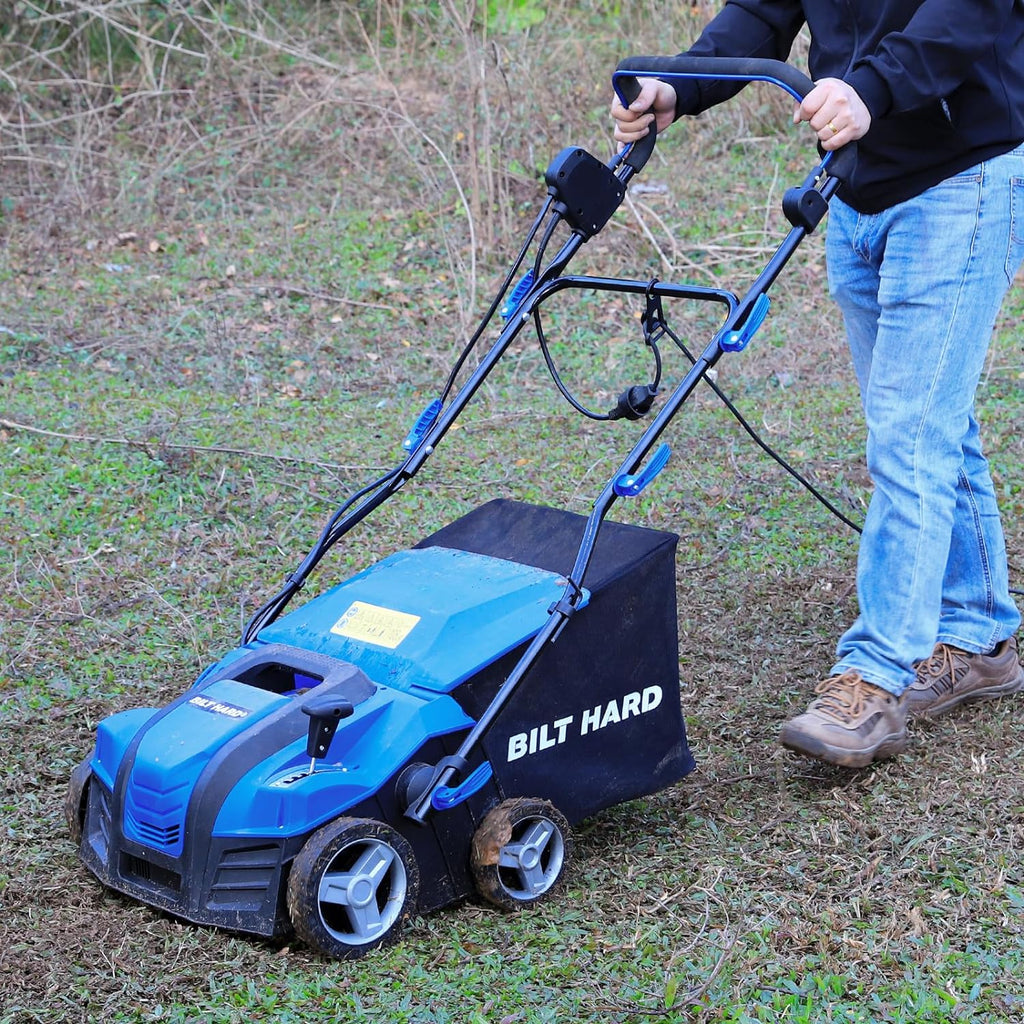 16-Inch Electric-Powered Dethatcher Scarifier with 15 Amp Copper Motor, 5-Position Depth Adjustment, 14.5 Gallon Thatch Bag. 2-in-1 Walk-Behind Thatch Removing Machine 