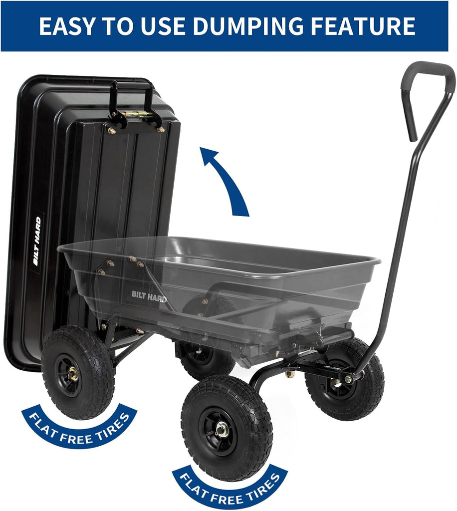 BILT HARD Poly Garden Dump Cart 600 lbs with No Flat Tires, Quick Release, 4 Cu Ft Dump Wagon Heavy Duty for Yard, Outdoor