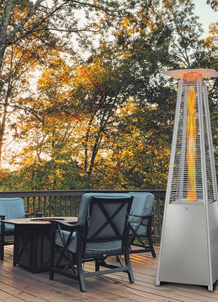 Hykolity 48000 BTU Pyramid Patio Heater, Glass Tube Propane Patio Heater with Wheels and Cover, Outdoor Propane Heaters for Backyard, Garden, Patio, Porch and Pool, Silver Grey