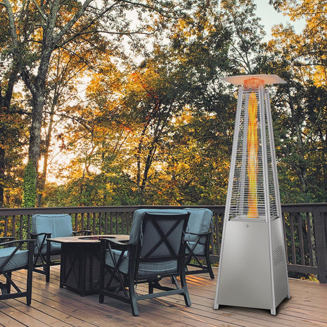 Hykolity 48000 BTU Pyramid Patio Heater, Glass Tube Propane Patio Heater with Wheels and Cover, Outdoor Propane Heaters for Backyard, Garden, Patio, Porch and Pool, Silver Grey