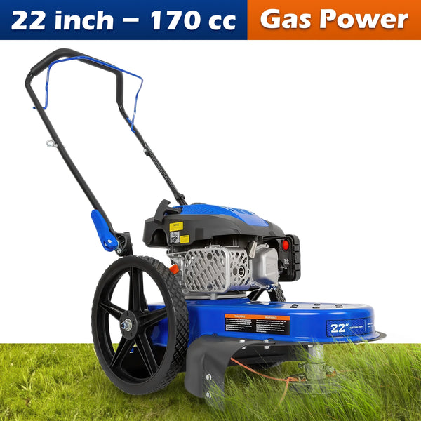 BILT HARD Walk Behind String Trimmer, 170cc 4-Cycle Gas Brush Hog Mower, 22 Inch Cutting Diameter, Push Weed Eater with 14 Inch Flat Free Wheels, Brush Cutter