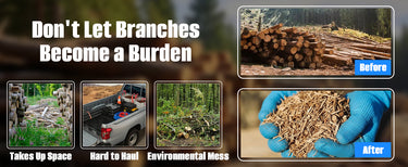 Before and after wood chipper results showing branch waste reduction and mulch production