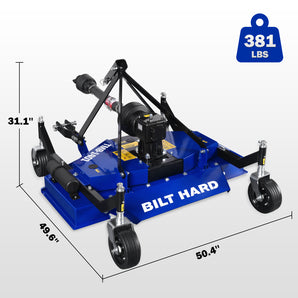 BILT HARD 48” 3 Point PTO Finish Mower – 15-45HP Tractor, Category 1 Hitch, Adjustable Cutting Height 0.4”-4”, 4-Wheel Design