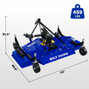 BILT HARD 72" 3-Point PTO Finish Mower – 15-45HP Tractors, Category 1 Hitch, Adjustable 0.4"-4" Cutting Height, 4-Wheel Floating Deck, Cast Iron Gearbox, Rear Discharge