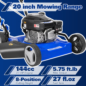 BILT HARD 20" Gas Push Lawn Mower – 144cc 4-Cycle Engine, 8 Cutting Heights, Perfect for Lawns, Yards & Gardens
