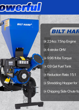 BILT HARD Wood Chipper - 7.5 HP 224cc Gas Powered Shredder Mulcher, 3 in 1 Multi-Function Heavy Duty, 3" Max Wood Diameter Capacity with Collection Bag