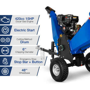 BILT HARD 6-Inch Drum Wood Chipper, 13.5HP 420cc Briggs & Stratton Gas Engine with Recoil & Electric Start