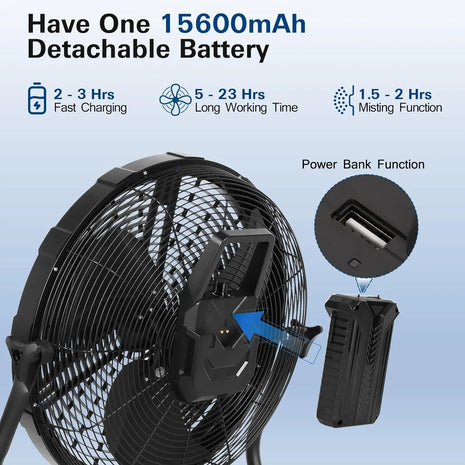 BILT HARD 12 Inch Battery Operated Outdoor Portable Misting Fan, Rechargeable Portable Floor Fan with 15600mAh Detachable Battery for Outside 