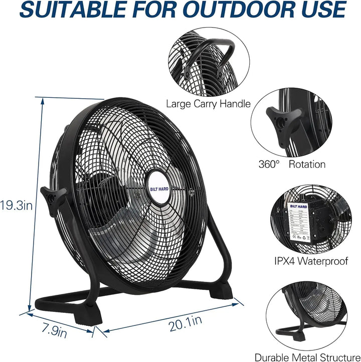 BILT HARD 16 Inch Rechargeable Battery Operated Outdoor Floor Fan, 15600mAh Battery Powered High Velocity Portable Fan with Metal Blade, Run All Day, USB Output 