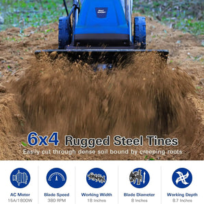 BILT HARD 18 Inch Electric Tiller Cultivator, Corded 15 Amp 6 Steel Tines Tillers for Gardening, Garden Rototiller for Soil Digging with Adjustable Wheels 
