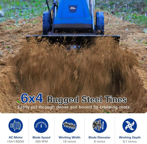 BILT HARD 18 Inch Electric Tiller Cultivator, Corded 15 Amp 6 Steel Tines Tillers for Gardening, Garden Rototiller for Soil Digging with Adjustable Wheels 