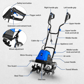 BILT HARD 18 Inch Electric Tiller Cultivator, Corded 15 Amp 6 Steel Tines Tillers for Gardening, Garden Rototiller for Soil Digging with Adjustable Wheels 