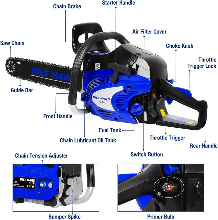 BILT HARD 18 Inch Gas Chainsaw, 46cc 2.4 HP Gas Power Chain Saw with Automatic Oiler, 2-Cycle Engine, Petrol Handheld Gasoline Chainsaws for Wood Cutting, EPA Certified 