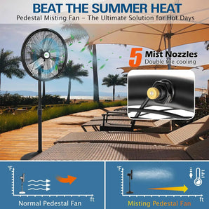 BILT HARD 18" Outdoor Misting Pedestal Fan: 3-Speed, Adjustable Height, 120° Oscillation, Waterproof & UL Listed