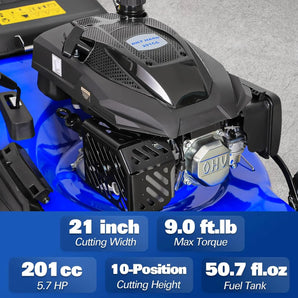 BILT HARD 201cc Push Lawn Mower, 3-in-1 Gas Lawnmower 21 Inch with 4-Cycle Engine, Bagging, Mulching and Side Discharge, Adjustable 10-Positions Cutting Height, Easy Start 