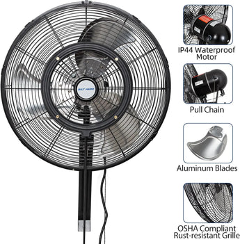 BILT HARD 20" Oscillating High-Velocity Outdoor Wall Misting Fan, 3-Speed Patio Fans for Outside, 80° Oscillation, Waterproof, Industrial Wall Mount Fan for Outdoor, UL Listed 
