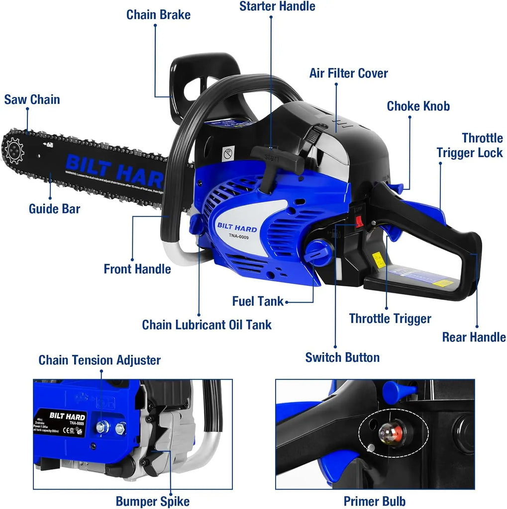 BILT HARD 22 Inch Gas Chainsaw, 56cc 3.1 HP Gas Power Chain Saw with Automatic Oiler, 2-Cycle Engine, Petrol Handheld Gasoline Chainsaws for Wood Cutting, EPA Certified 