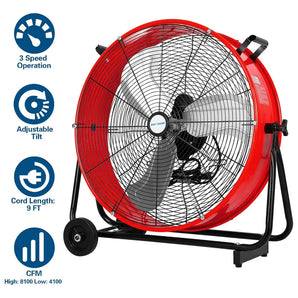 BILT HARD 24" 8100 CFM High Velocity Industrial Drum Fan, 3-Speed Heavy Duty Metal Red Shop Fan for Warehouse, Workshops, Garage, Factory and Basement, UL Listed 