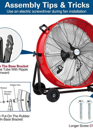 BILT HARD 24" 8100 CFM High Velocity Industrial Drum Fan, 3-Speed Heavy Duty Metal Red Shop Fan for Warehouse, Workshops, Garage, Factory and Basement, UL Listed 