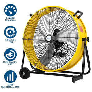 BILT HARD 24" 8100 CFM High Velocity Industrial Drum Fan, 3-Speed Heavy Duty Metal Yellow Shop Fan for Garage, Warehouse, Workshops, Factory and Basement, UL Listed 