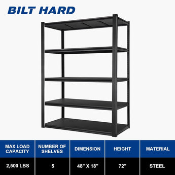BILT HARD 2500LBS 48" W x 18" D x 72" H Garage Shelving, 5-Shelf Industrial Storage Shelves Heavy Duty, Metal Shelving Units with Adjustable Shelf, Steel Utility Shelves 