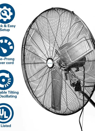 BILT HARD 30 in. 9500 CFM High Velocity Industrial Wall Fan, 3-Speed Wall Mount Oscillating Fan, Heavy Duty Shop Fan for Garage, Commercial, Warehouse, Factory, Workshops and Jobsites, UL Listed 