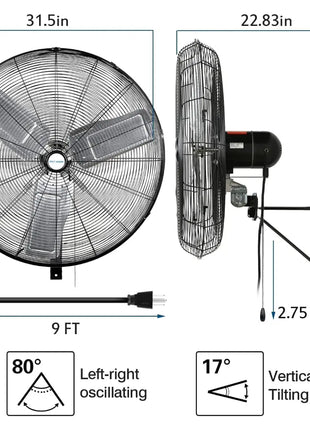 BILT HARD 30 in. 9500 CFM High Velocity Industrial Wall Fan, 3-Speed Wall Mount Oscillating Fan, Heavy Duty Shop Fan for Garage, Commercial, Warehouse, Factory, Workshops and Jobsites, UL Listed 