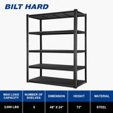 BILT HARD 3000LBS 48" W x 24" D x 72" H Garage Shelving, 5-Shelf Industrial Storage Shelves Heavy Duty, Metal Shelving Units with Adjustable Shelf, Steel Utility Shelves 