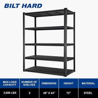 BILT HARD 3000LBS 48" W x 24" D x 72" H Garage Shelving, 5-Shelf Industrial Storage Shelves Heavy Duty, Metal Shelving Units with Adjustable Shelf, Steel Utility Shelves 