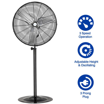 BILT HARD 30" High-Velocity Industrial Pedestal Fan - 3-Speed, Adjustable Height, Aluminum Blades 