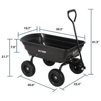 BILT HARD 4 Cu.Ft. 10" No-Flat Tires Poly Yard Dump Cart with 180° Rotating Handle, 600 lbs Capacity Heavy Duty Garden Carts and Wagons 