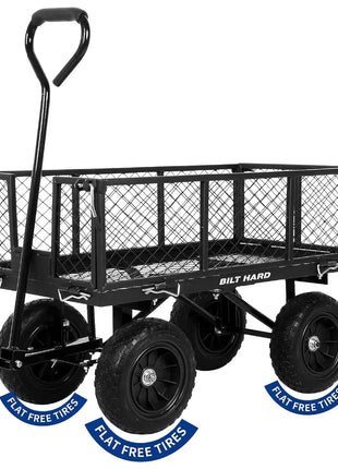 BILT HARD 400 lbs 10" Flat Free Tires Steel Garden Cart with 180° Rotating Handle and Removable Sides, 4 Cu.Ft Capacity Utility Heavy Duty Garden Carts and Wagons 