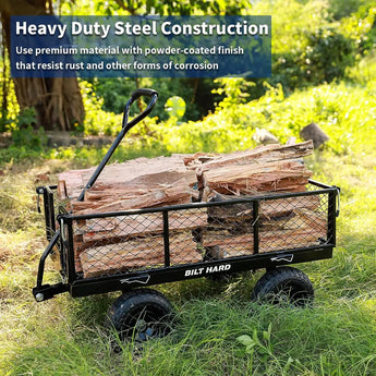 BILT HARD 400 lbs 10" Flat Free Tires Steel Garden Cart with 180° Rotating Handle and Removable Sides, 4 Cu.Ft Capacity Utility Heavy Duty Garden Carts and Wagons 