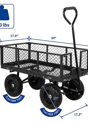 BILT HARD 400 lbs 10" Flat Free Tires Steel Garden Cart with 180° Rotating Handle and Removable Sides, 4 Cu.Ft Capacity Utility Heavy Duty Garden Carts and Wagons 