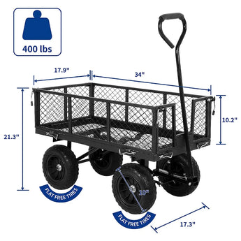 BILT HARD 400 lbs 10" Flat Free Tires Steel Garden Cart with 180° Rotating Handle and Removable Sides, 4 Cu.Ft Capacity Utility Heavy Duty Garden Carts and Wagons 