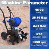 BILT HARD 46cc 4-Cycle 1.9HP Gas Tiller Cultivator – 16" Heavy-Duty Steel Tines, Adjustable Wheels & Cushioned Handles for Powerful Plowing, Tilling & Weeding in Gardens & Farms 