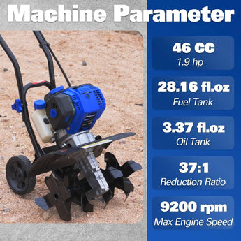 BILT HARD 46cc 4-Cycle 1.9HP Gas Tiller Cultivator – 16" Heavy-Duty Steel Tines, Adjustable Wheels & Cushioned Handles for Powerful Plowing, Tilling & Weeding in Gardens & Farms 