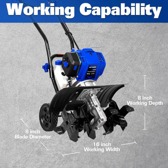 BILT HARD 46cc 4-Cycle 1.9HP Gas Tiller Cultivator – 16" Heavy-Duty Steel Tines, Adjustable Wheels & Cushioned Handles for Powerful Plowing, Tilling & Weeding in Gardens & Farms 