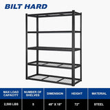 BILT HARD 48" W Garage Shelving 2500 LBS, 72" H x 18" D Storage Shelves, Heavy Duty 5-Tier Metal Shelving Units with Adjustable Shelf, Steel Wire Utility Shelving 