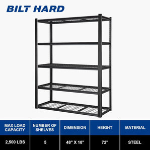 BILT HARD 48" W Garage Shelving 2500 LBS, 72" H x 18" D Storage Shelves, Heavy Duty 5-Tier Metal Shelving Units with Adjustable Shelf, Steel Wire Utility Shelving 