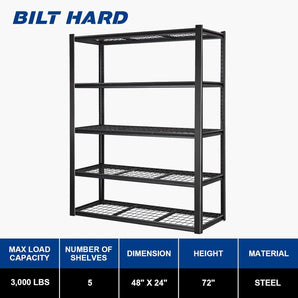BILT HARD 48" W x 24" D Garage Shelving 3000 LBS, 72" H Storage Shelves, Heavy Duty 5-Tier Metal Shelving Units with Adjustable Shelf, Steel Wire Utility Shelving 