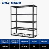 BILT HARD 60" W Garage Shelving 3300 LBS, 72" H x 18" D Storage Shelves, Heavy Duty 5-Tier Metal Shelving Units with Adjustable Shelf, Steel Wire Utility Shelving 