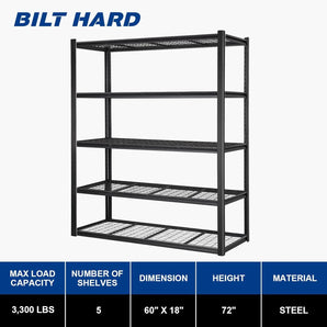 BILT HARD 60" W Garage Shelving 3300 LBS, 72" H x 18" D Storage Shelves, Heavy Duty 5-Tier Metal Shelving Units with Adjustable Shelf, Steel Wire Utility Shelving 